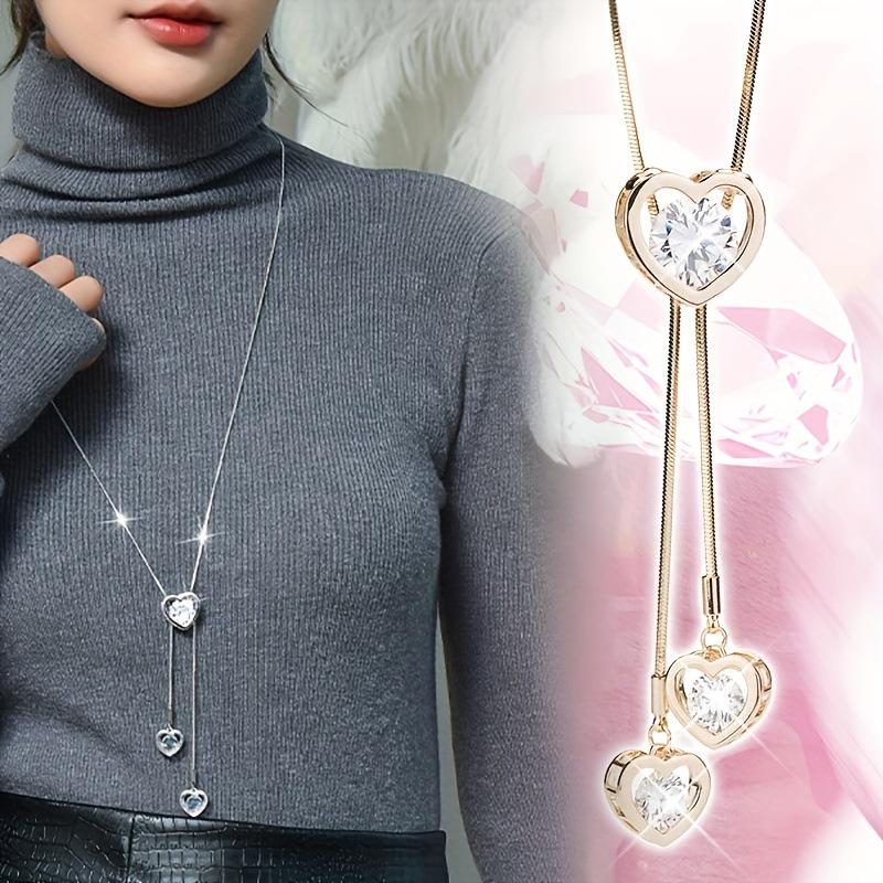 Elegant Crystal Heart Necklace - Versatile Long Sweater Chain Pendant