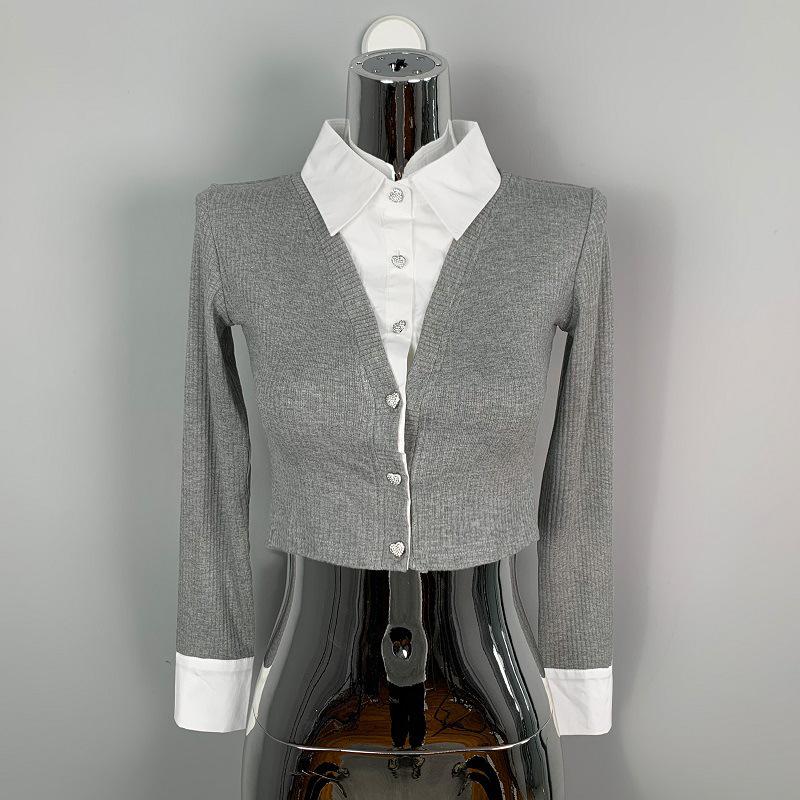 

Korean Dongdaemun Figure-Flattering Short Cardigan T-Shirt with Shirt Collar One Size серый