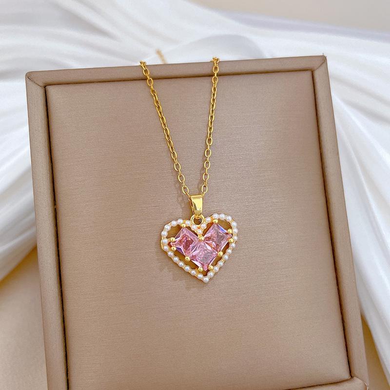 Pearl Empty Peach Heart Light Luxury Temperament Gorgeous Full Diamond Necklace Women'S Versatile Collarbone Chain Titanium Steel Chain
