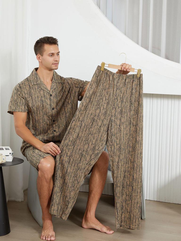 Men's Summer Cotton Pajamas 3-Piece Set: Short Sleeve Top, Long Pants, Casual Thin Shorts Home Wear