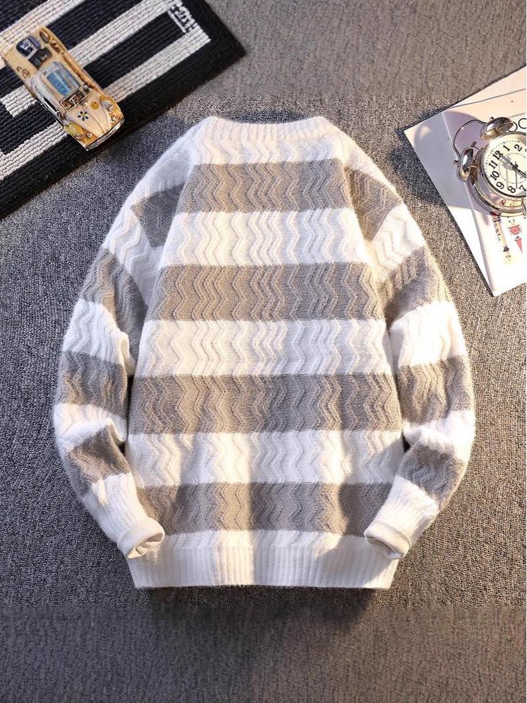 Korean Style Color Block Striped Pullover Sweater for Men - Warm, Loose Fit, Round Neck (2025 Autumn/Winter Collection)