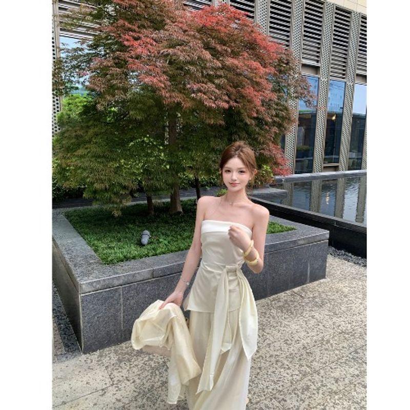 Kumikumi Long Sleeves Cardigan Underwear Bandeau Vest Women's Autumn High Waist Slim Looking All-Matching Casual Trousers Three-Piece Set