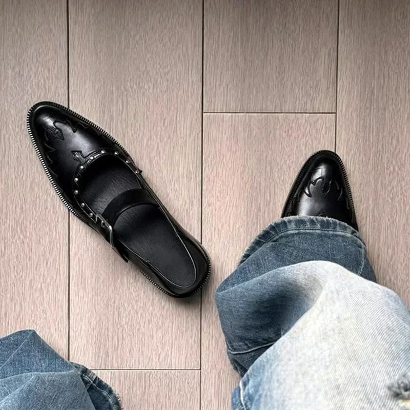 Mode Hochwertige Leder Damenschuhe Sexy Spitzschuh Metallschnalle Mary Jane Schuhe für Frauen Punk Schwarz Elegante Frau Stöckelschuhe