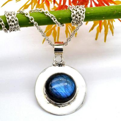 Round Cabochon Natural Labradorite (8.80 Cts) Pendant Necklace Solid 925 Sterling Silver Gemstone Pendant with Chain Jewelry