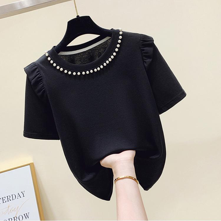 Summer Woman Clothing Slim Versatile T-shirt Korean New Ruffles Short Sleeve Beading Round Neck Female Basic Fashion Casual Tops