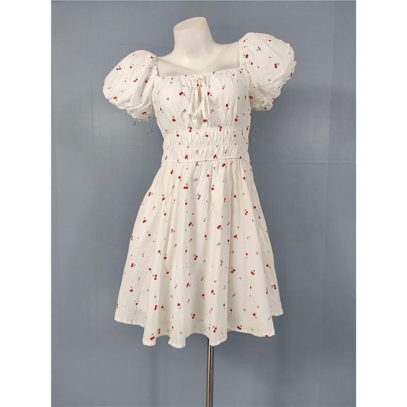 

Заказ внешней торговли 2025 Лето Новое Платье в стиле Инс с принтом вишни, с коротким рукавом, для маленькой леди, 100% хлопок White Flower M