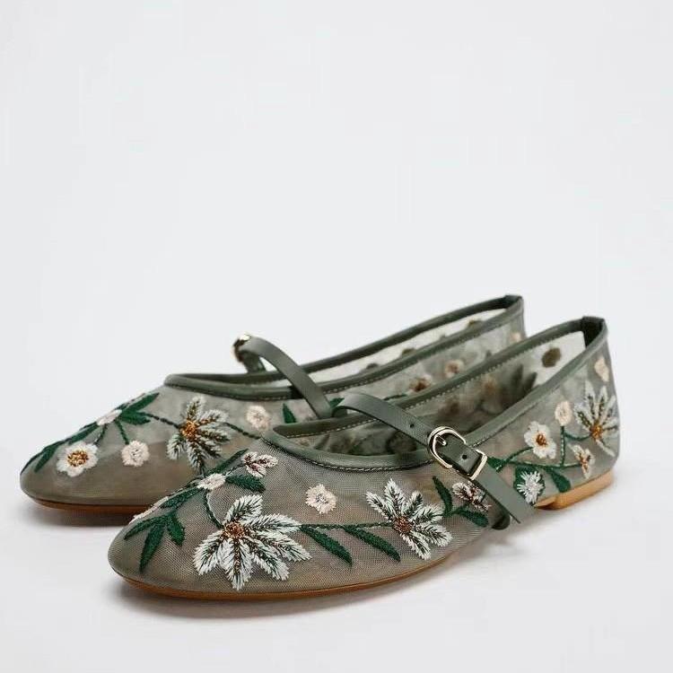 Fashion Floral Embroider Mesh Mary Janes Shoes Women Trasparent Elegant Flats Shoes Ladies Casual Summer Breathable Loafers Footwear