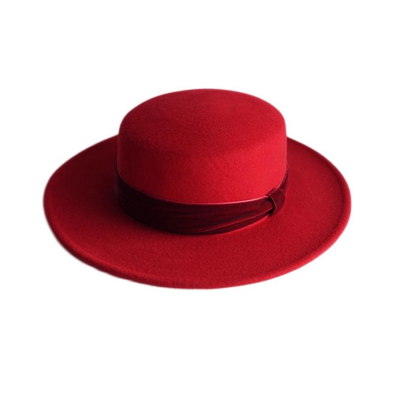 Big Red Green Flat Top Top Hat Female Autumn And Winter Foreign Trade Trend British Retro Street Panama Woolen Felt