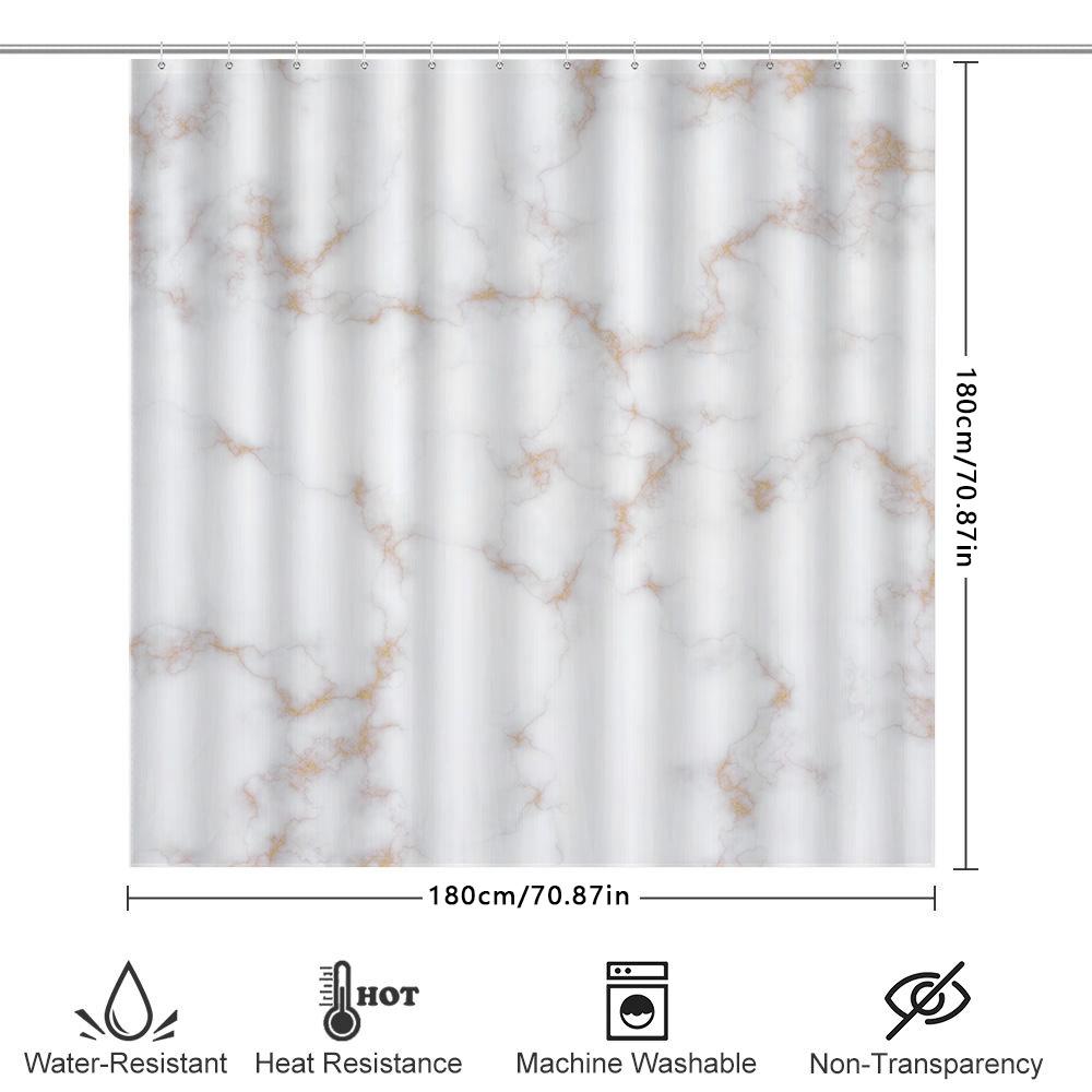 Luxury White Marble Shower Curtain Set For Bathroom Decor Modern Gold Accents Bath Mat And Hook Package Kit (200 X 180Cm)
