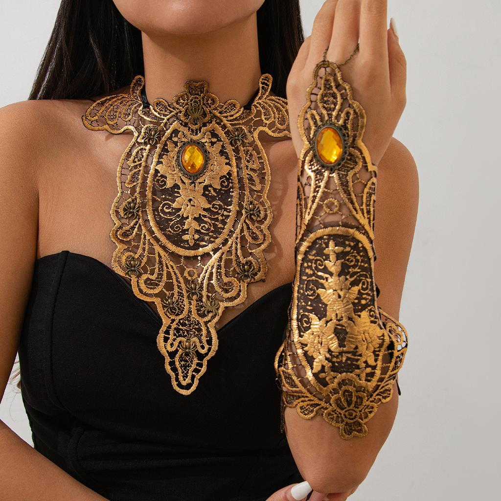 Exaggerated Fabric Art Ethnic Style Lace Collar Choker Retro Flower Spider Gem Necklace Female