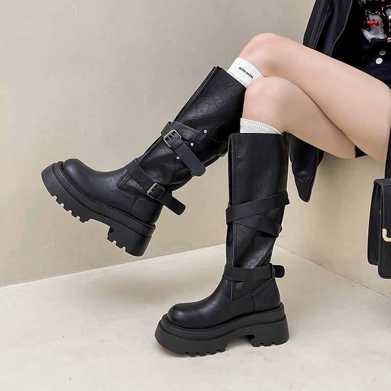 Fashion 2025 New Fashion Platform Woman Knight High Boots Fashion Belt Buckle Thick Sole Shoes Ladies Slip on Modern Long Botas