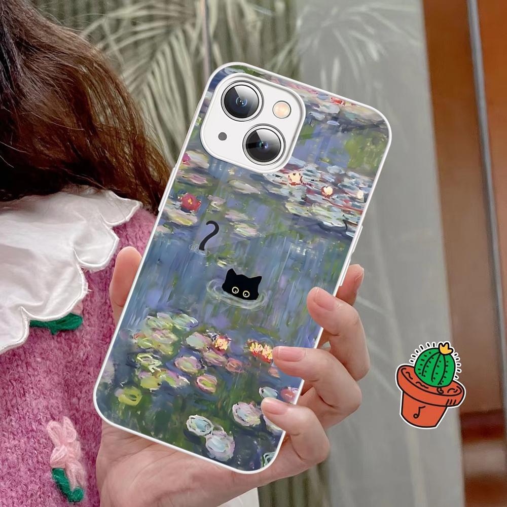 Cartoon Animal Black Cat Oil Painting Phone Case Tempered Glass For Iphone 14 13 12 11 Pro Mini XS MAX 14Plus X XS XR Fundas