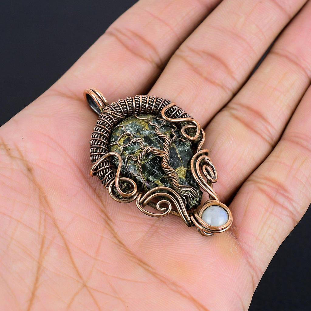 Copper Seraphinite Pendant, 999 Copper Wire Wrapped Gemstone Jewelry, Handmade Pendant, For Thanksgiving