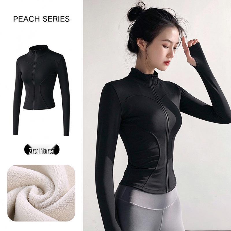 Women's Plush Slim Fit Zipper Yoga Jacket - Thickened, Elastic Long Sleeve, Stand Collar, Warm Autumn & Winter Top