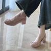 Sheepskin version~ French naked pink single shoes square buckle round head gentle style high heels versatile light mouth commuting thick heels