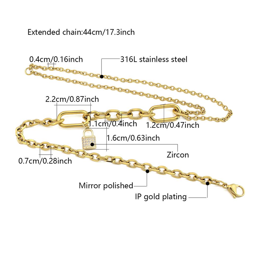 New Arrival 316L Stainless Steel Gold Plated Lock Pendant Necklace Paperclip Link Chain Necklace for Women