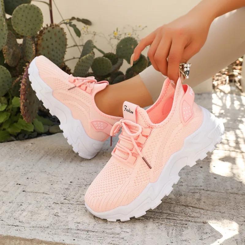

Fashion Shoes Female 2025 Knitted Women s Vulcanize Shoes Outdoor Solid Women Sneakers Round Toe Lace Up Platform Ladies Casual Shoes 36 розовый