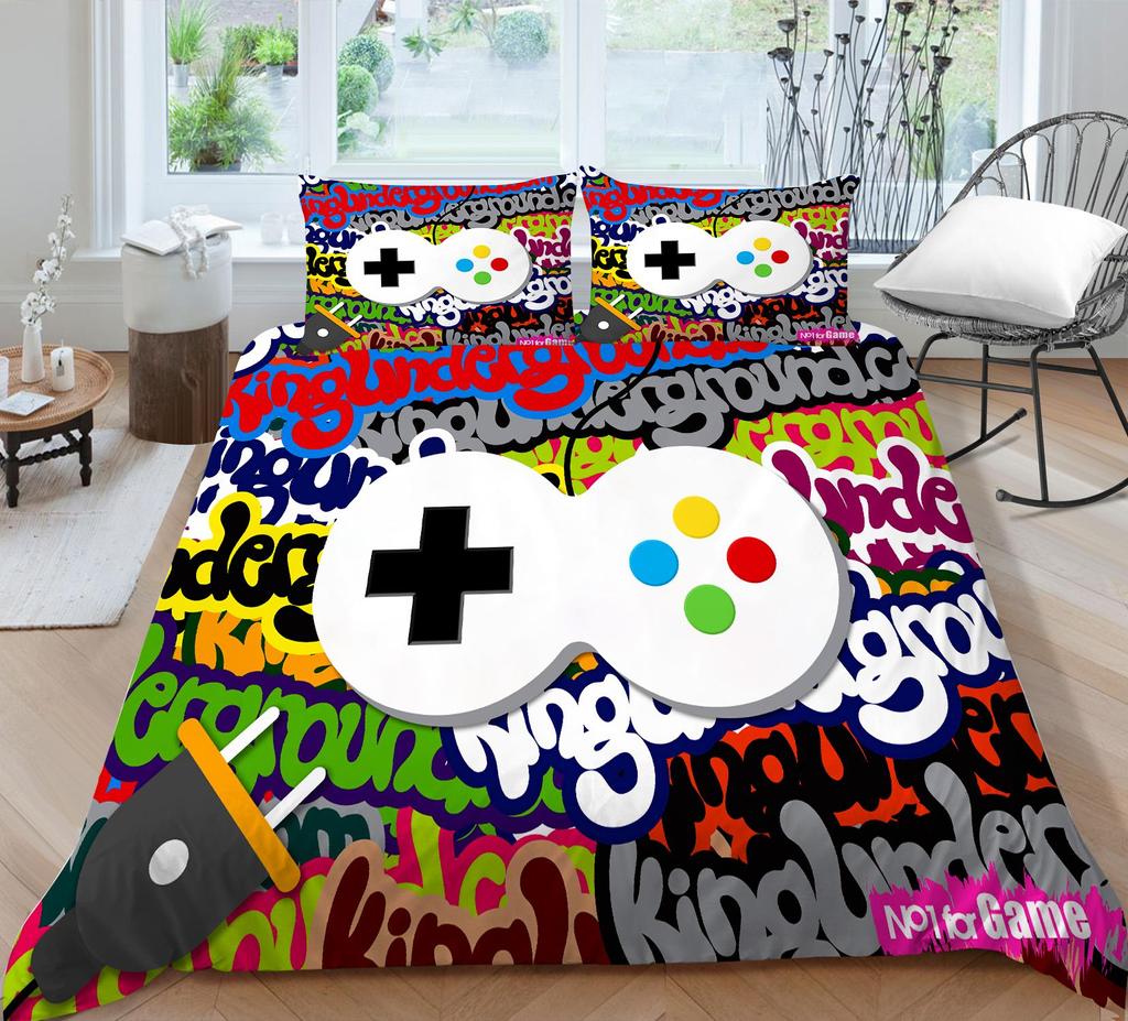 3D Bedding Single Double Bed Game Machine Printed Pillowcase and Quilt Cover 2/3 Pieces for Boys and Men Game Lovers Comfortable Household Bedding
