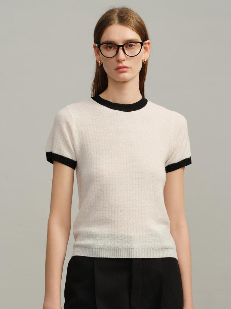 Women's 100% Wool Short-Sleeve Color Block Sweater - Warm, Comfortable, Versatile Round Neck Base Layer Knitwear for Autumn/Winter.