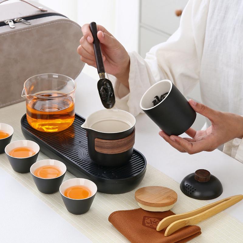 Ceramic coarse pottery portable travel tea set, small outdoor express cup souvenir business gift