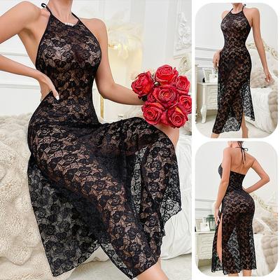 Sexy Black Lace Halter Nightgown Backless High Slit Slim Fit Skin-Friendly Long Dress 786 Bold Sophisticated Sleepwear with a Dramatic High Slit