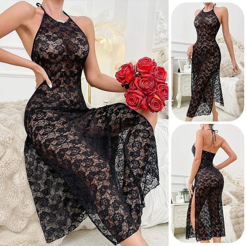 Sexy Camisón Negro de Encaje Halter Espalda Descubierta Abertura Alta Corte Ajustado Agradable a la Piel Vestido Largo 786 Ropa de Dormir Audaz Sofisticada con una Dramática Abertura Alta
