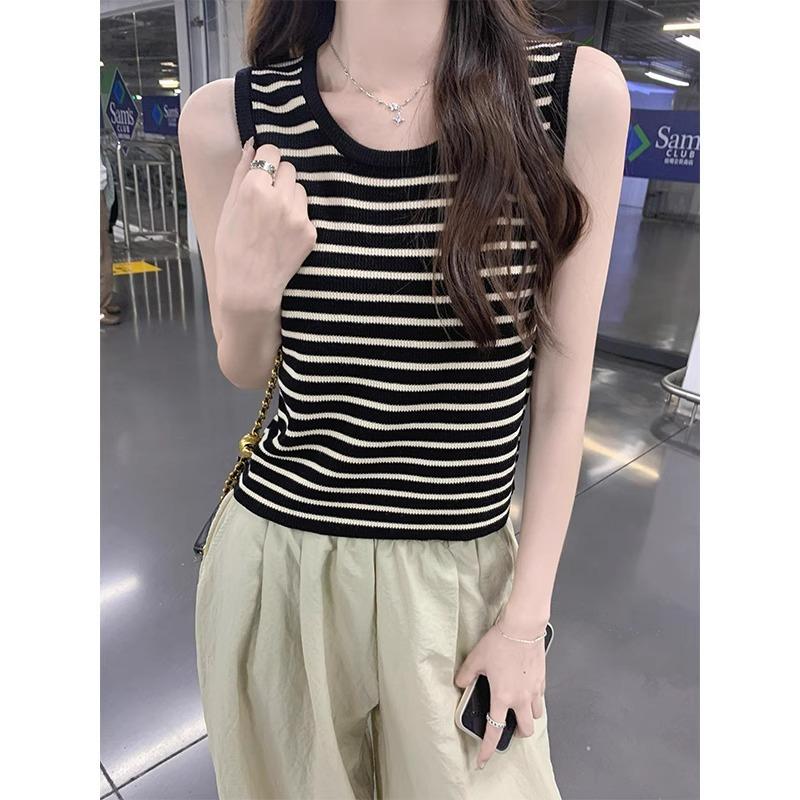 Summer New Style French Striped U-neck Ice Silk Thin Vest Suspender Women's Slimming Knitted Sleeveless Top