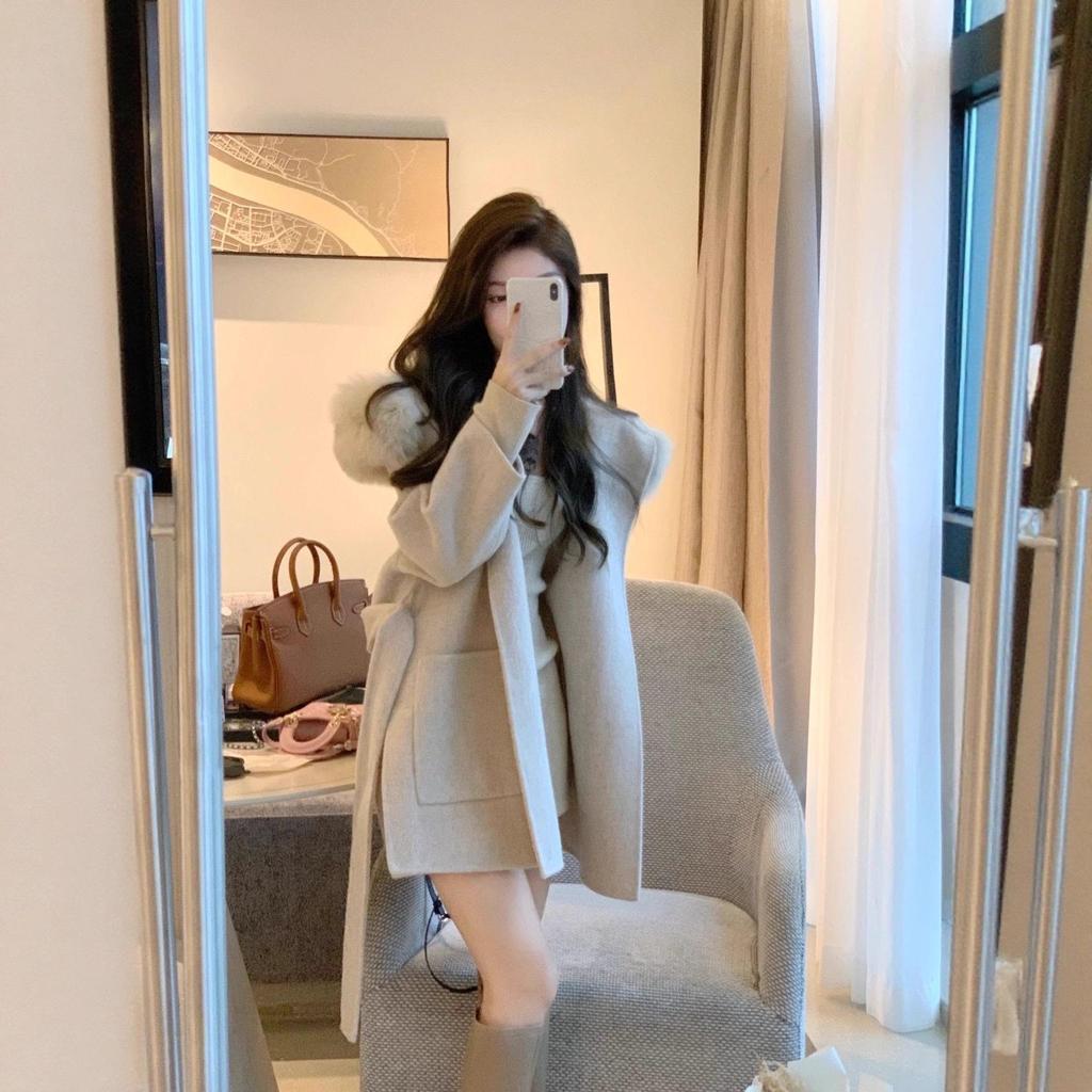Luxury Korean Style Cashmere Wool Coat: Petite, Waist-Cinching, Short Autumn/Winter Women's Wear.