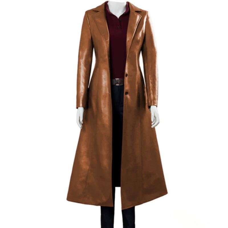 

Куртка Длинная Женская Одежда Уличная Мода Однотонная Стимпанк Готика Лацкан Байкерская Куртка Женская ПУ Тренч XXXXXL коричневый