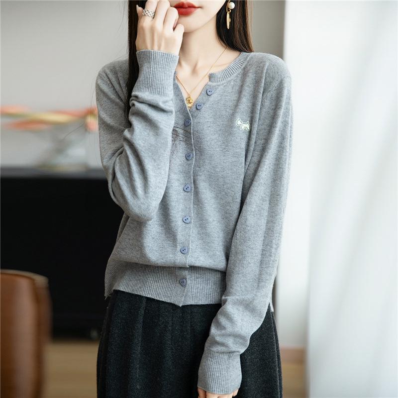 2025 Early Autumn Slimming Embroidered Cardigan - Women's Long Sleeve Notched Collar Knitwear