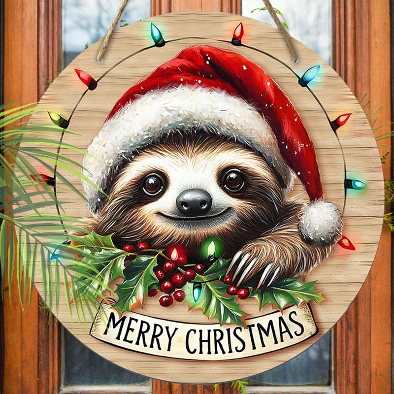 Weihnachtsdekorationsschild, hängende Innendekoration, 2D flache Holzprodukte mit Faultier im Weihnachtsmannhut-Muster, Weihnachtsgeschenke für Freunde und Familie