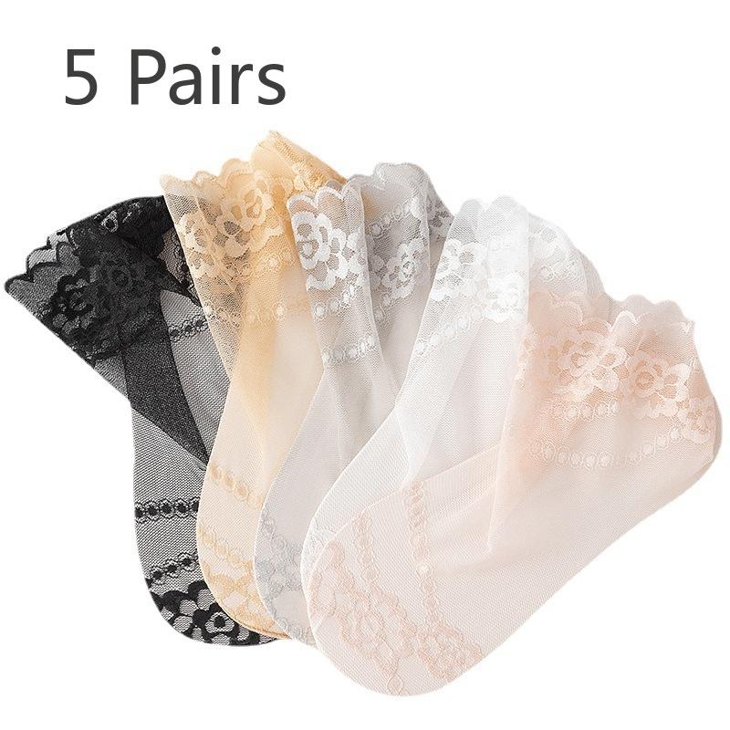 

5 пар женских летних и осенних тонких чулок, кружевные нескользящие носки, бесшовные тонкие носки с кристаллами, носки средней длины 5 Pairs розовый