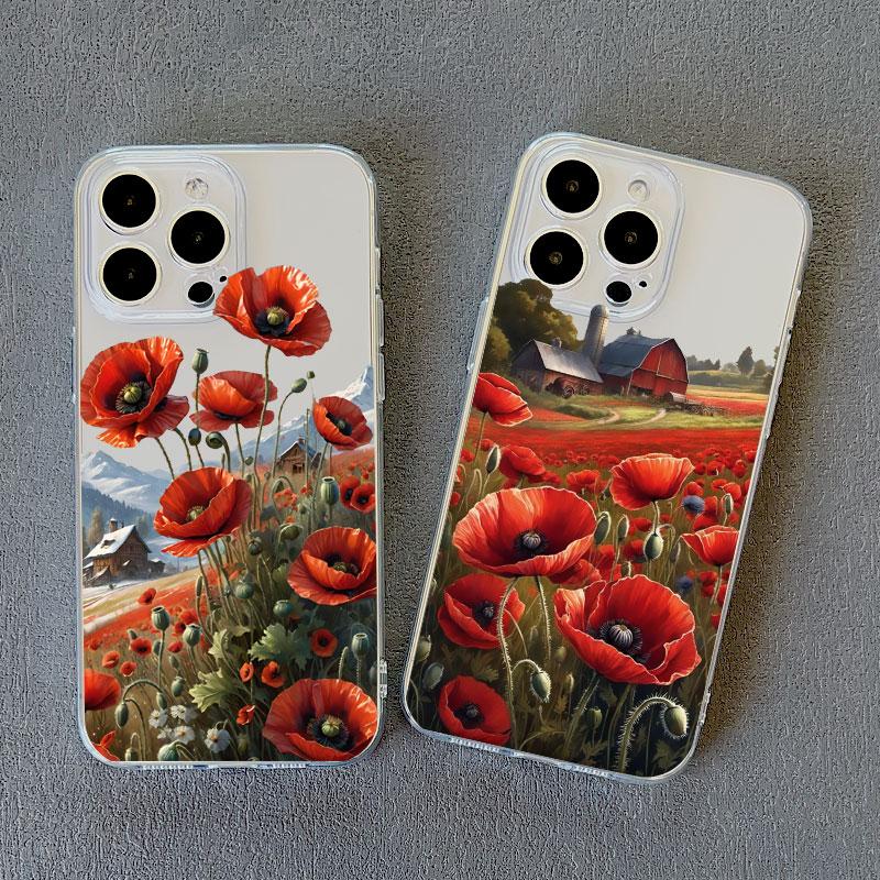 Poppy Flower Bloom Hot Red Clear Case For iPhone 15 11 14 Pro Max 12 13 Pro Max Mini XS X XR SE 2020 7 8 Plus Transparent Cover