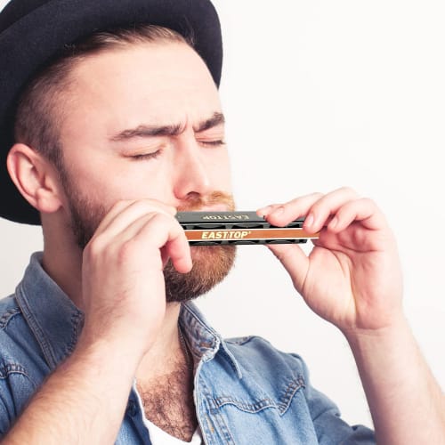 EAST TOP 24-Hole Tremolo Harmonica In A Key, Stainless Steel, with Leather Case, Cleaning Cloth, and Airtight Design for Beginners and Advanced Player