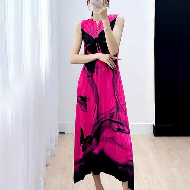 High-End-Sommerkleid für Damen mit Schmetterlingsdruck, schmale Passform, ärmelloses Westenkleid mit V-Ausschnitt, plissiertes langes A-Linien-Kleid