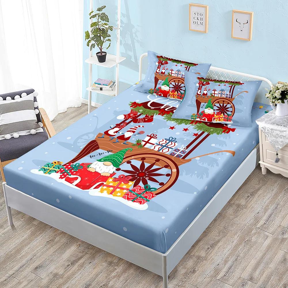 Winter Printed Fitted Sheet Santa Claus Snowflake Polyester Elastic Band Mattress Cover Pillowcase Fashion Bedding Bedroom Decor