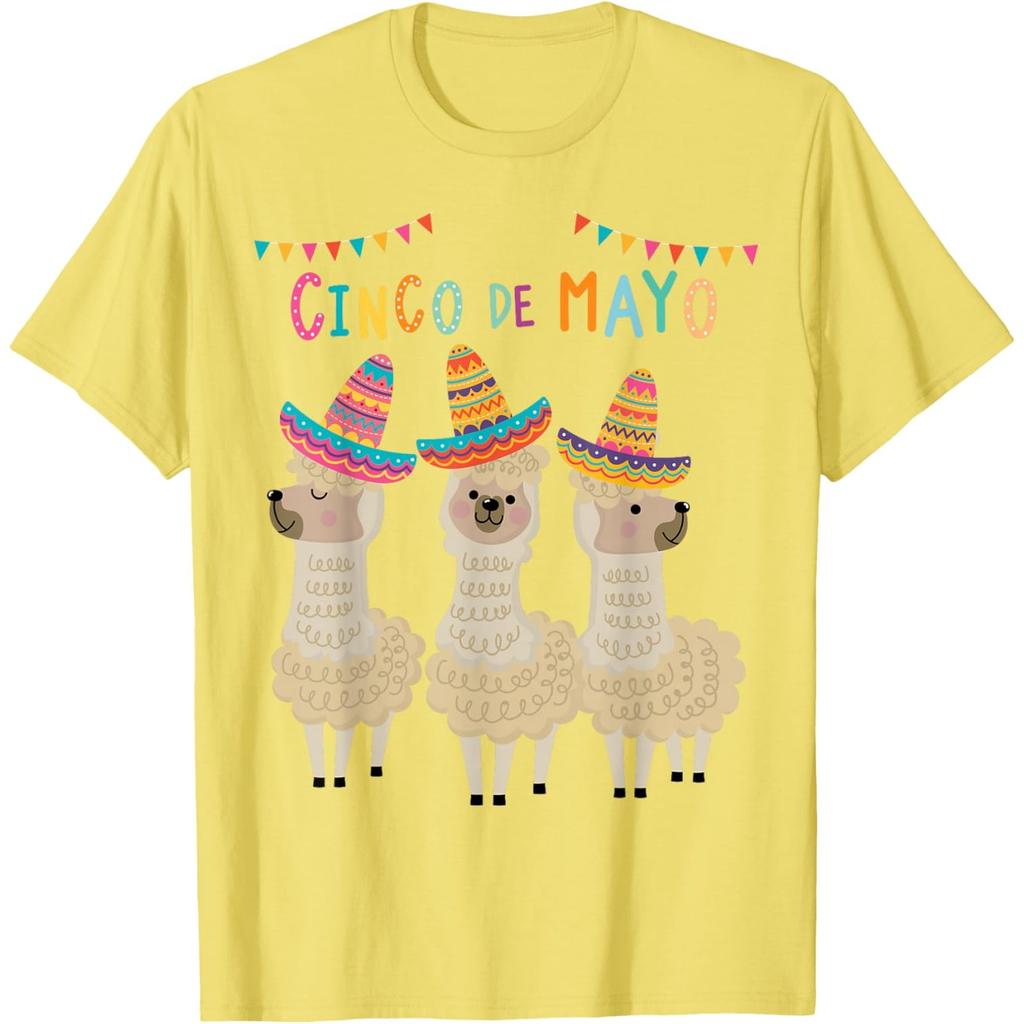 Cinco De Mayo Llama Sombrero Fiesta Graphic Print Cotton T-Shirt Casual Short Sleeve Tee