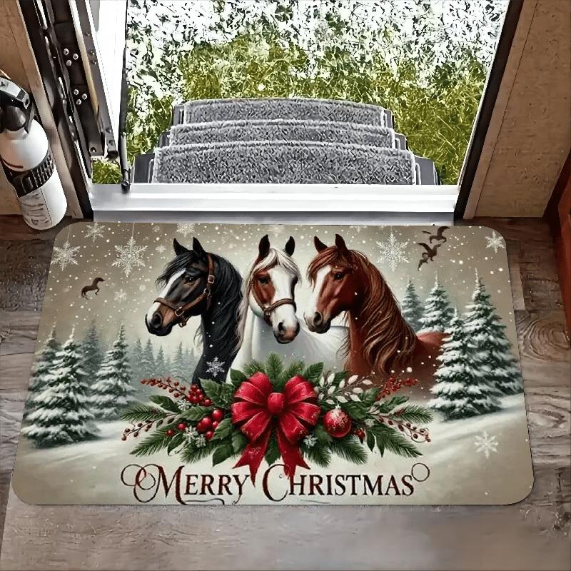 1Pcs Anti Fatigue Kitchen Rugs, Christmas Horse Print Waterproof Non-Slip Thick Cushioned Kitchen Mat Heavy Duty Comfort Standing Mat for Kitchen