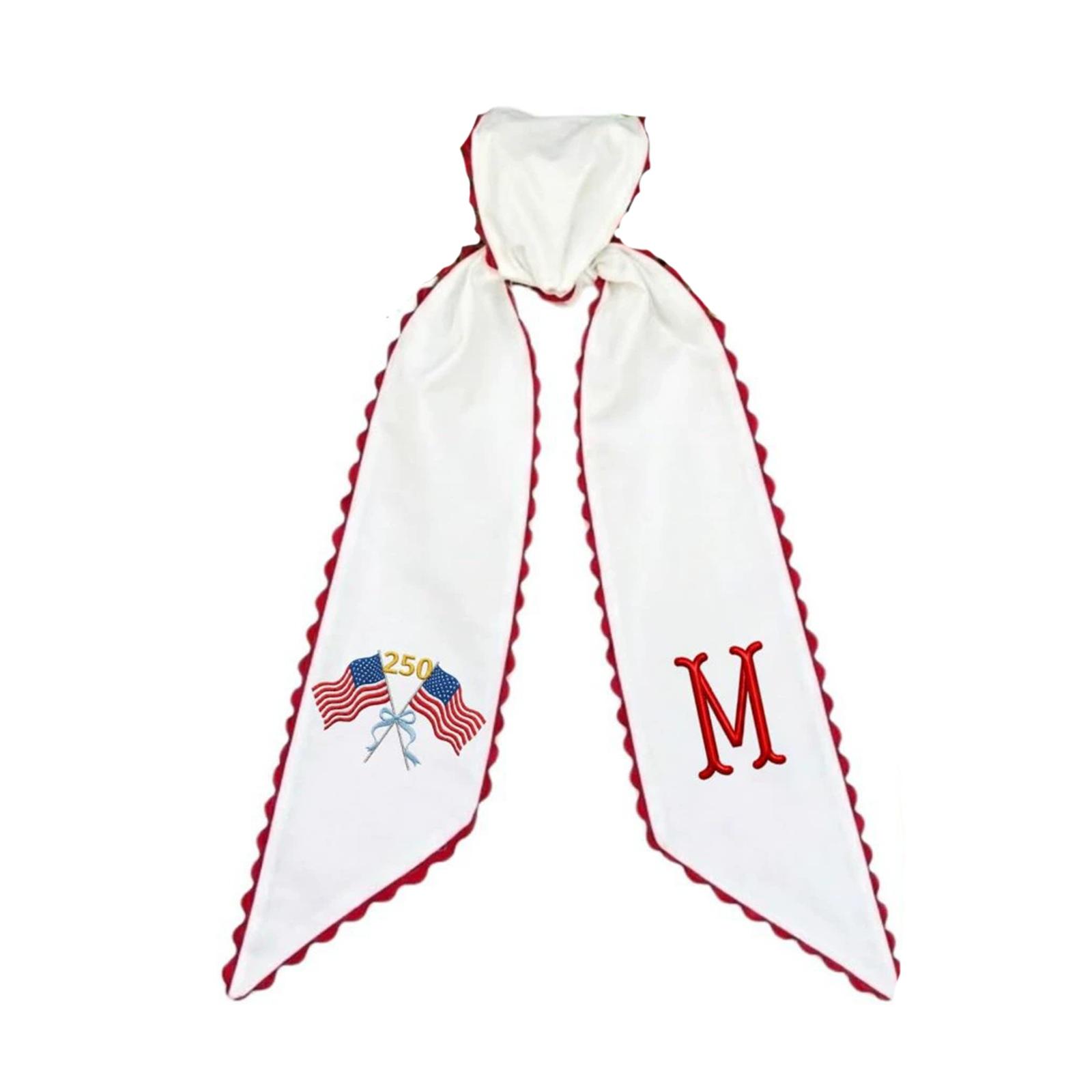

Embroidered Letter and Flag Ribbon Wreath Bow for Front Door Decoration Double Sided Design with Scalloped Edges and Detailed Stitching One Size