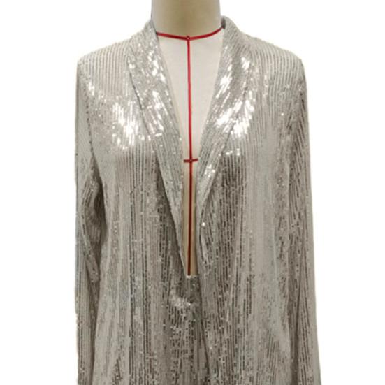 Women Pant Coat Shiny Sequin Formal Commute Style Solid Color Cardigan Long Seeve