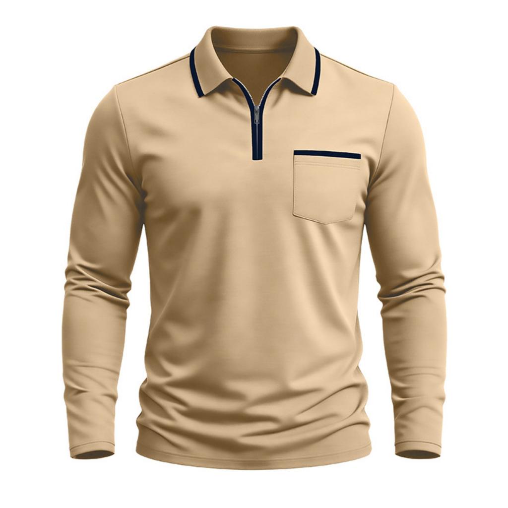 Men Long Sleeve Polo Shirt Zipper Collar Casual Slim Fit Top with Patch Pocket and Contrast Trim for Daily Wear