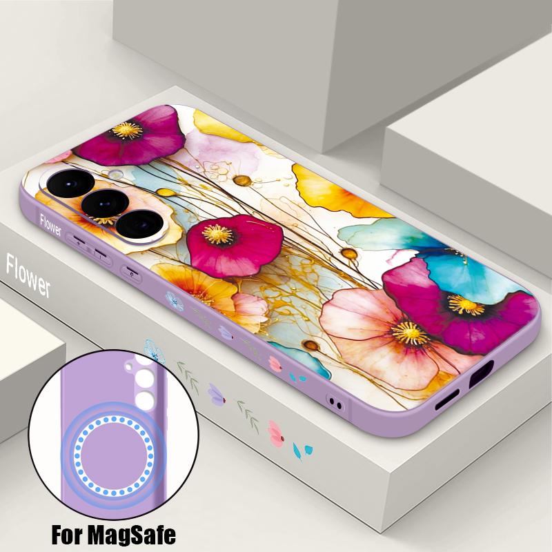 

Oil Painting Flower Pattern Case For Samsung Galaxy S26 S25 Ultra S24 S23 FE S22 Plus S21 Built-in Metal Plate Magnetic Silicone Cover Samsung S23 FE фиолетовый
