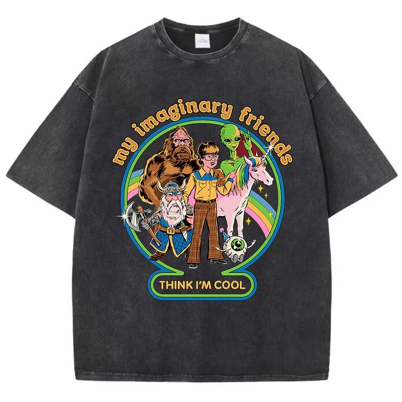 

My Imaginary Friends Think IM Cool Washed Retro Unisex TShirt Soft Casual Oversize TShirt Cotton Tee Clothes Summer Loose Tshirt M