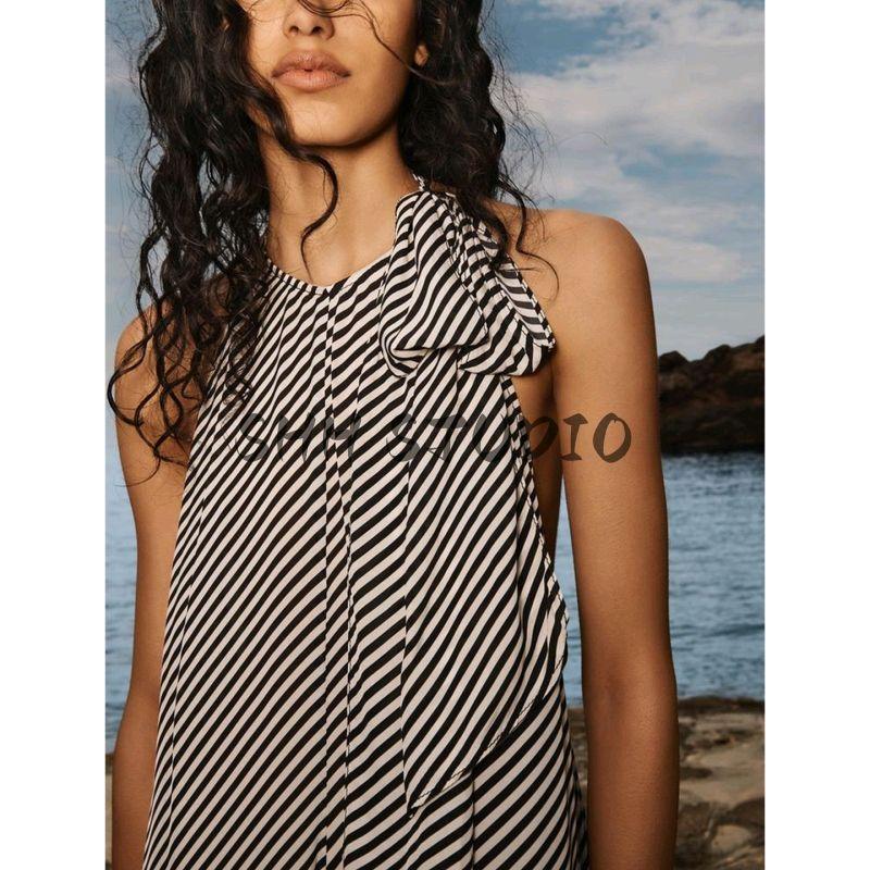 Summer New Product Women's Clothes Bowknot Decoration Elegant Stripes Hanging Collar Open Back Long A- line Dress 3828717