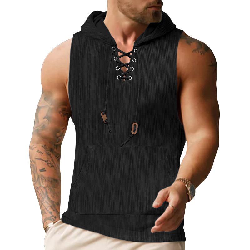 Summer Thin Casual Hooded Pure Color Lace-up Sleeveless Men's Tank Tops