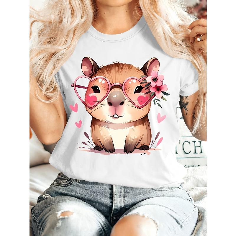 

Женская винтажная футболка европейского размера с принтом капибары, в очках-сердечках и с лицом капибары - Мягкая блузка с круглым вырезом и коротким рукавом, для весны и лета S белый