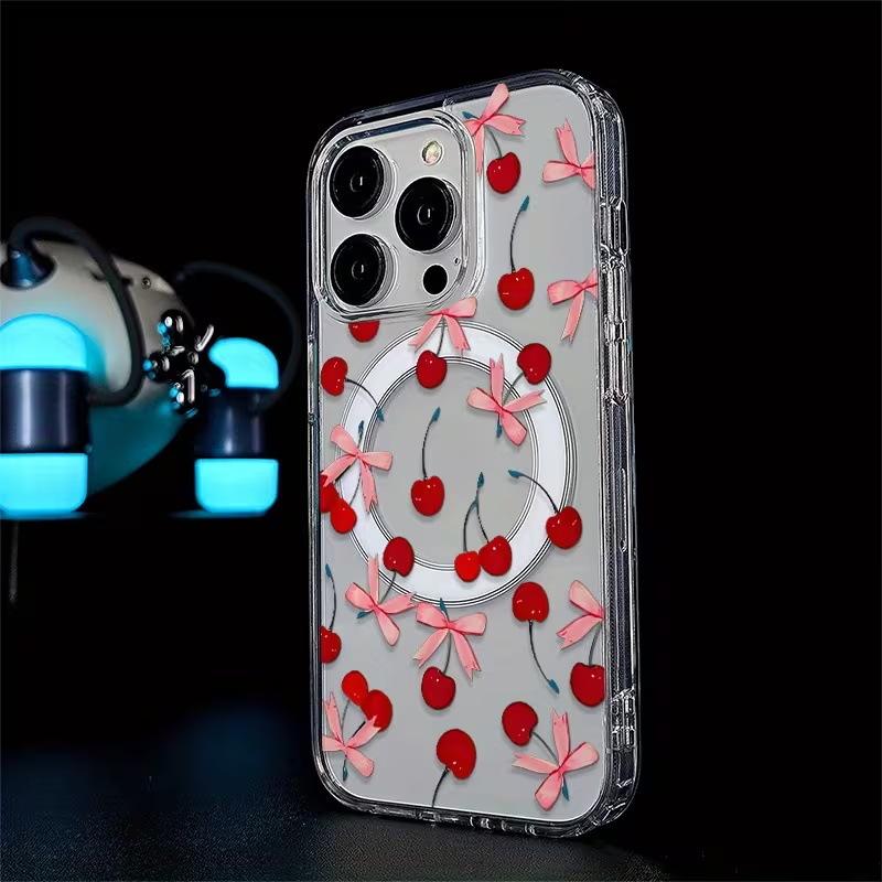 Factory Direct Supply Sweet Cherry Bow Transparent Magnetic Mobile Phone Case iPhone17promax Anti-drop Protective Case