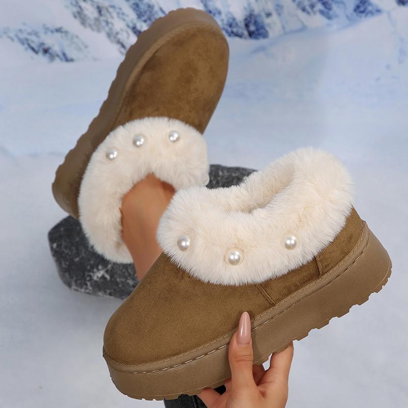 Fluffy Fur Platform Snow Boots Women Fashion Pearls Decor Non Slip Winter Ankle Boots Woman Thicken Plush Warm Cotton Shoes 43
