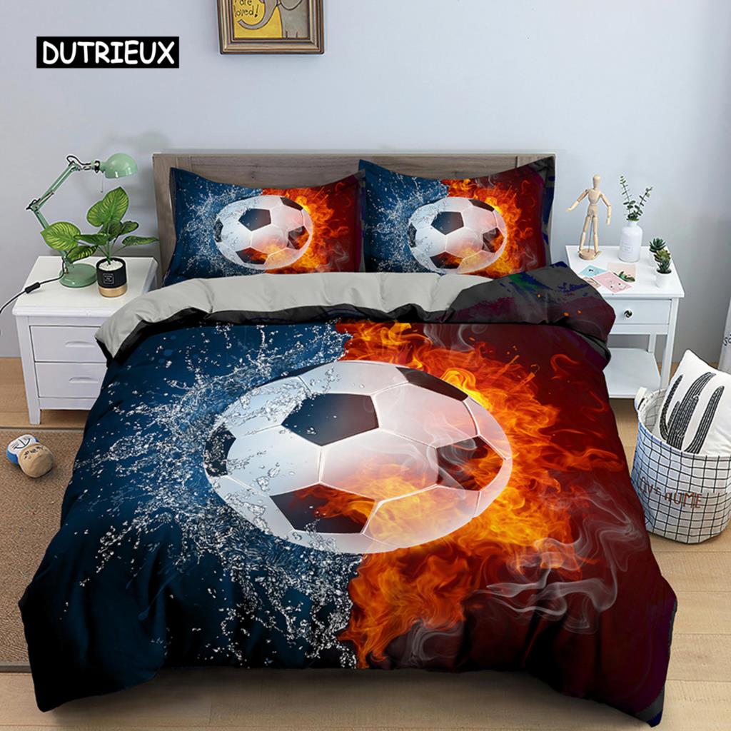 Set de cuvertură de pilota fotbal Set de lenjerie de pat fotbal pentru băiat, adolescent, din microfibră, cu tema sportivă, husă de cuvertură, model de minge de fotbal, husă de pilota