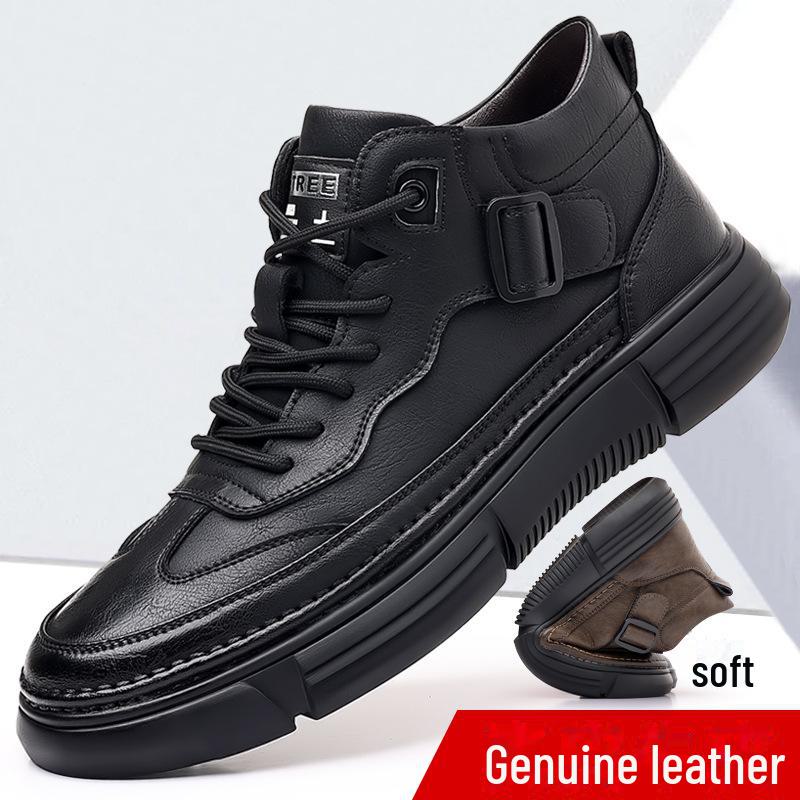 Men's 2024 Winter Leather High-Top Sneakers with Soft Sole and Plush Lining
